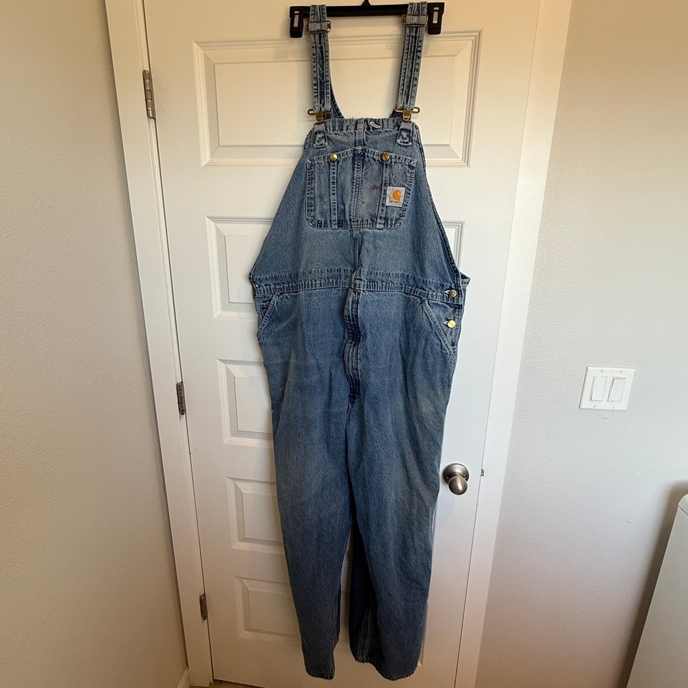 Carhartt Overalls Men's 48x32 Blue Denim Bib Workwear Utility Pockets Heavy Duty